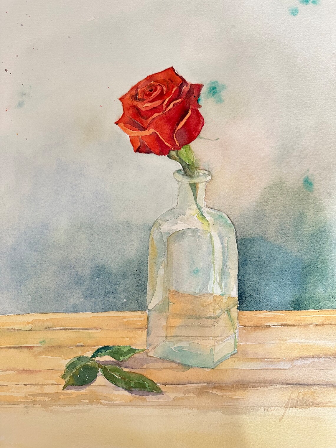 Single Red Rose in Glass Bottle Still Life Watercolor Painting Poster - Image 7
