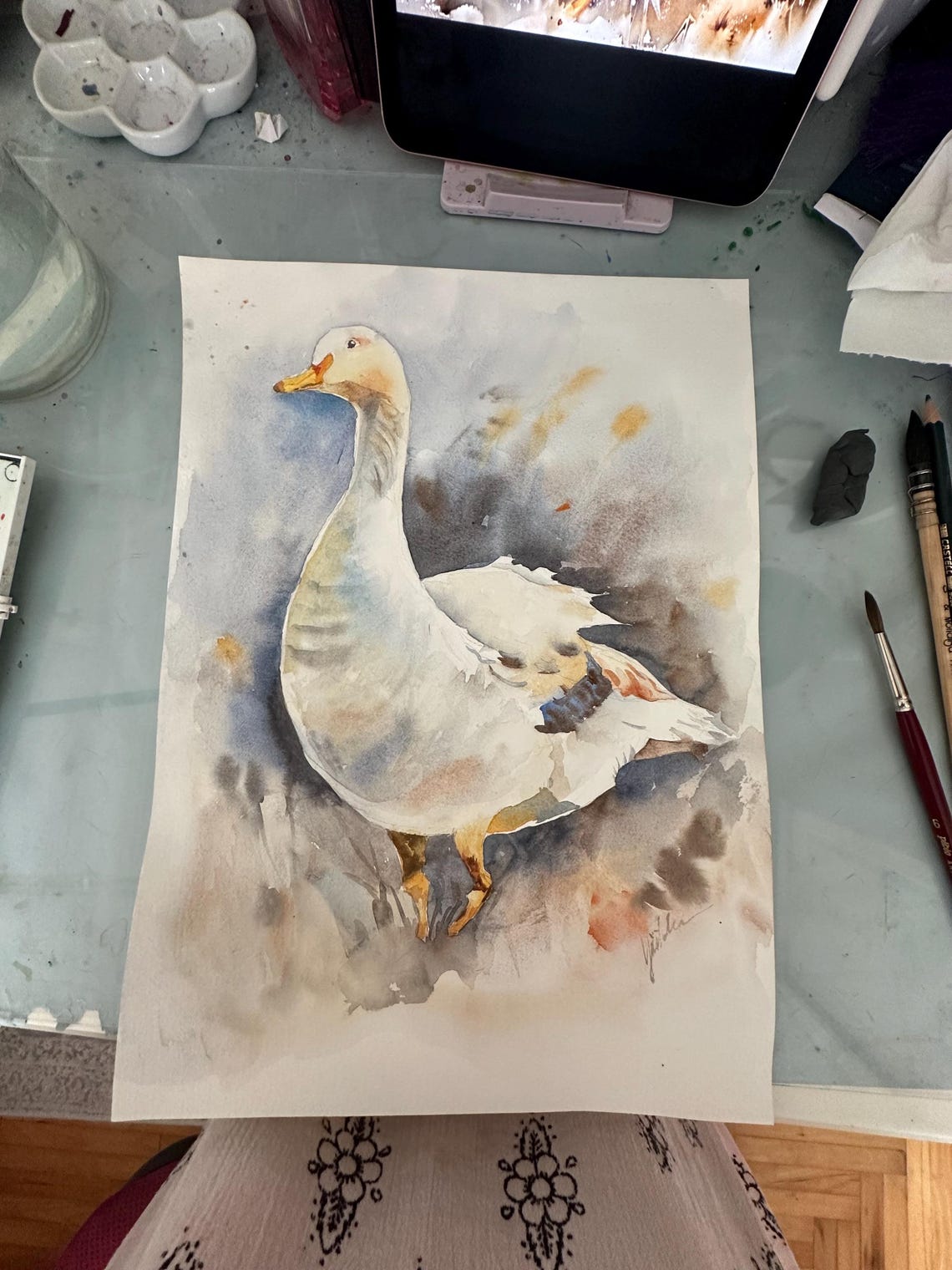 Graceful White Goose in a Soft Blue Wash Watercolor Bird Poster - Image 2