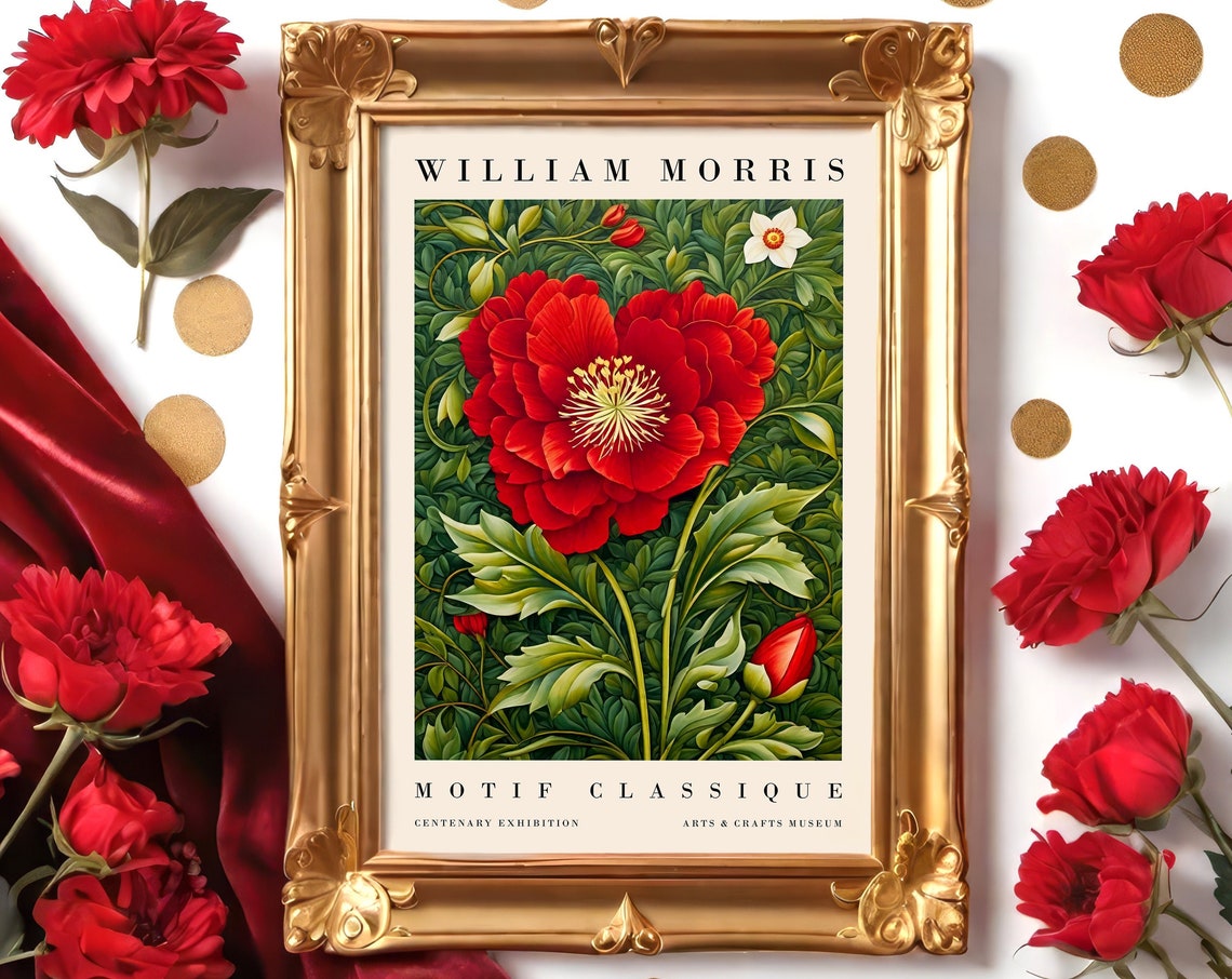 William Morris Motif Classique Red Poppy Centenary Exhibition Poster