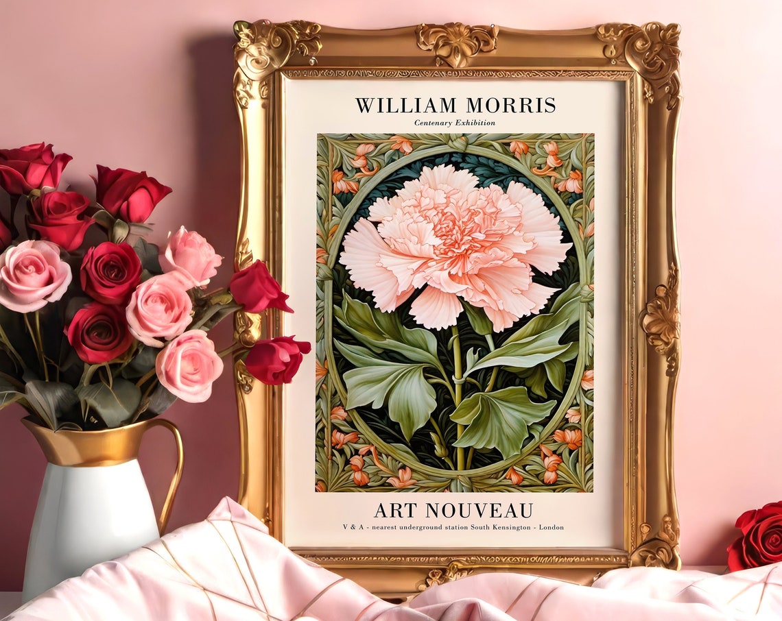 William Morris Centenary Art Nouveau Pink Carnation Flower Poster