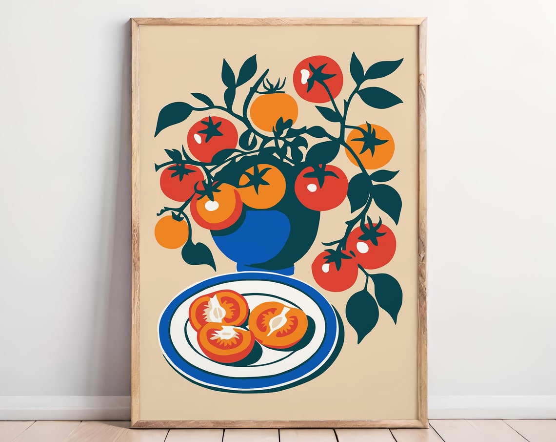Fresh Tomato Plant Blue Vase Sliced Tomatoes Kitchen Decor Poster