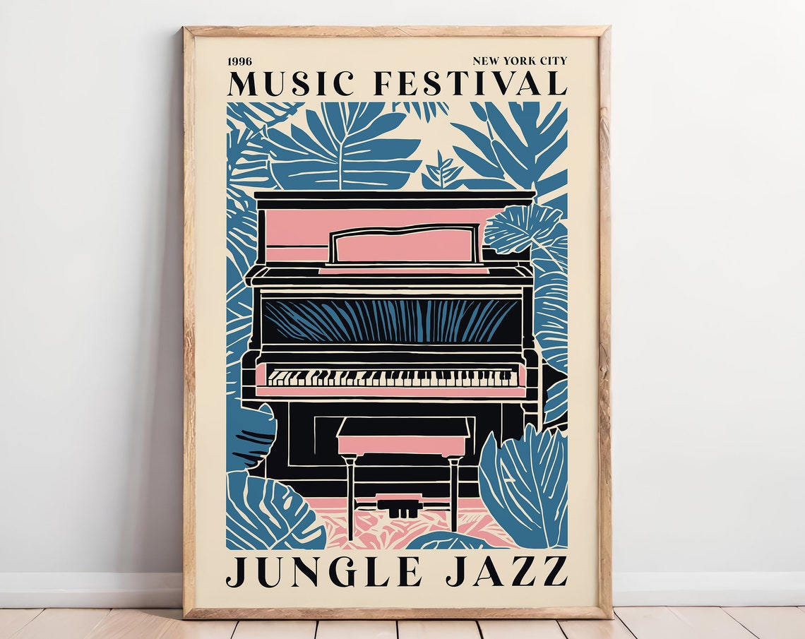 Vintage New York City Music Festival Jungle Jazz Poster Retro Piano Tropical Leaves Wall Art Collectible Music Poster Blue Pink Version