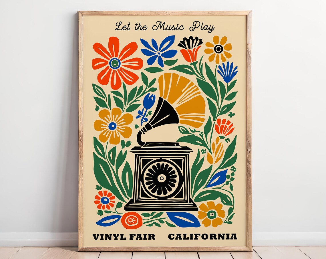 Let the Music Play Vinyl Fair California Folk Gramophone Poster