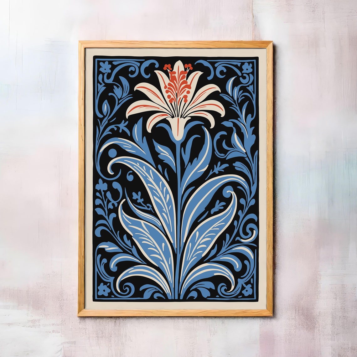 Blue Victorian Lily Black Art Nouveau Dramatic Botanical Art Poster