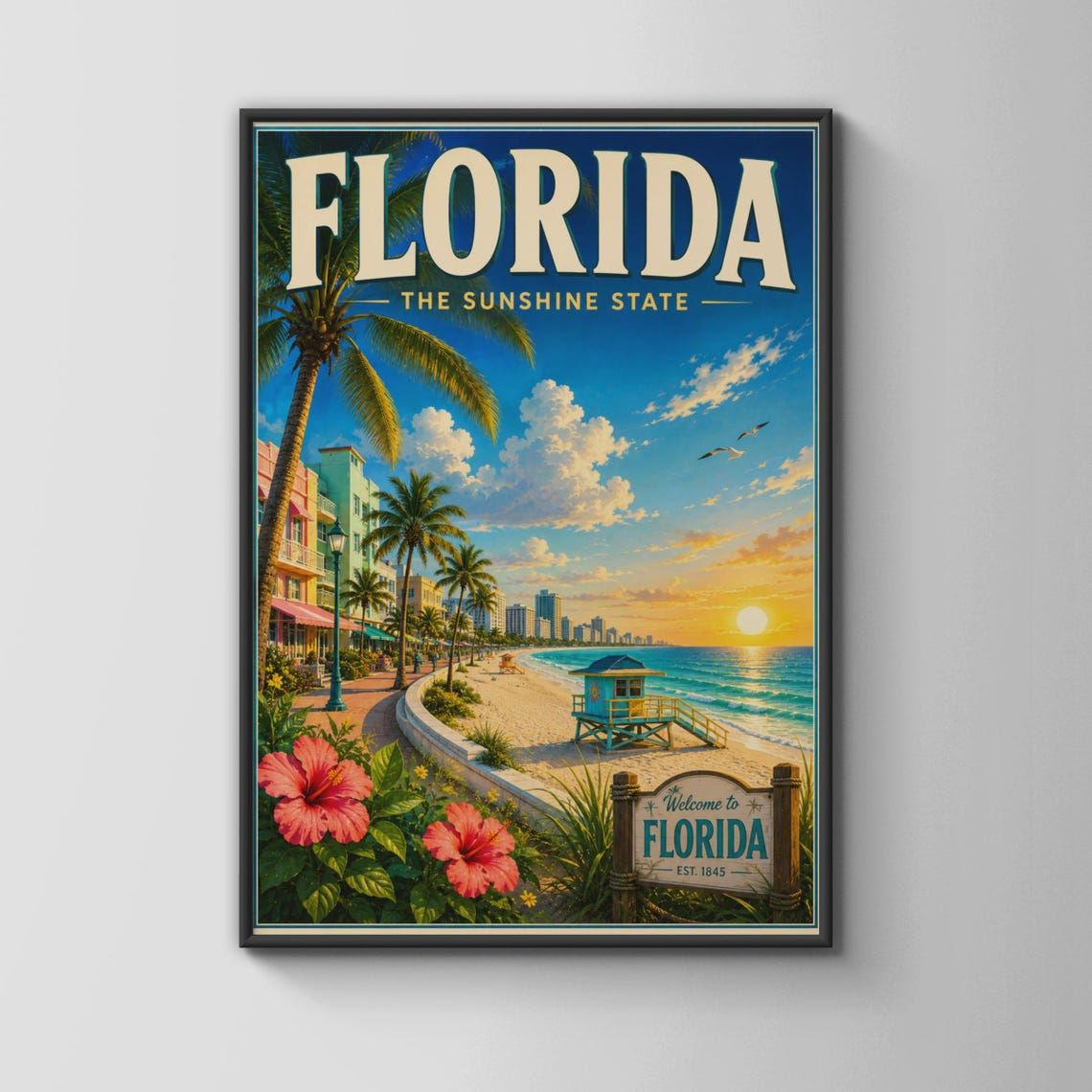 Florida Travel Poster Sunshine State Beach Lifeguard Retro Style