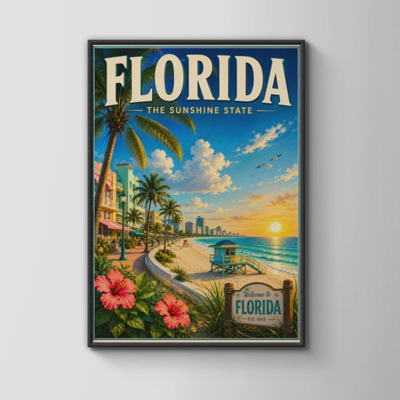Florida Sunshine State Vintage Travel Poster Beach Palm Tree Wall Art Print