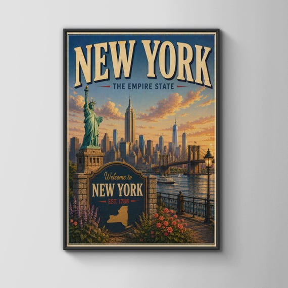 New York Vintage Travel Poster Nyc Skyline Wall Art Statue Of Liberty Print Retro