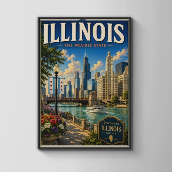 Illinois Travel Poster Chicago Skyline Retro Wall Art Prairie State Print Usa Gift