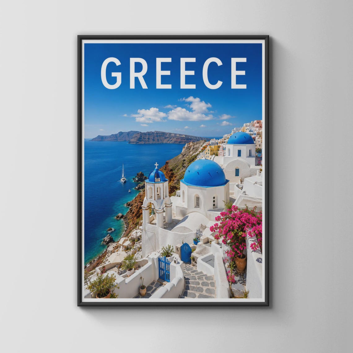 Greece Santorini Blue Domes and Sparkling Aegean Sea Travel Poster
