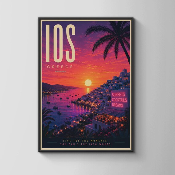 Ios Greece Vintage Sunset Travel Poster Aegean Island Harbor at Dusk