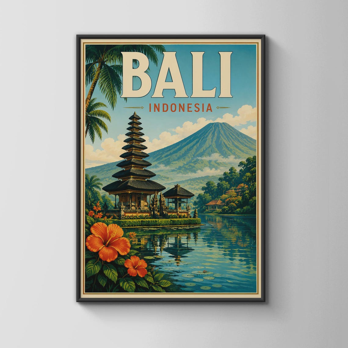 Bali Indonesia Poster Ulun Danu Temple Tropical Volcano Travel Art
