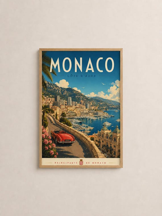 Monaco Travel Poster French Riviera Coastal Art Print Vintage Mediterranean Decor
