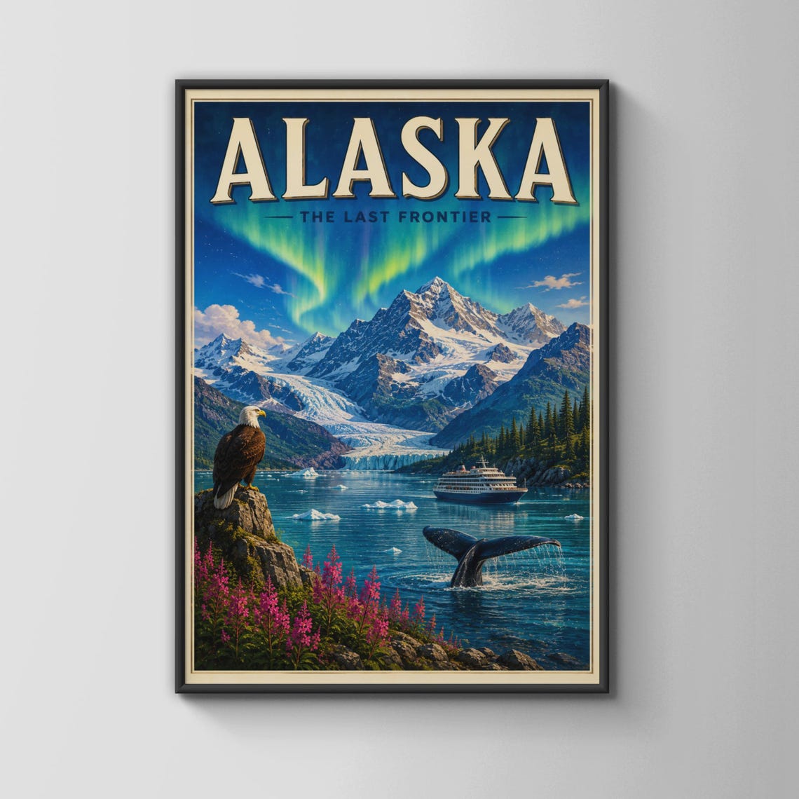 Alaska The Last Frontier Northern Lights Glacier Wildlife Poster