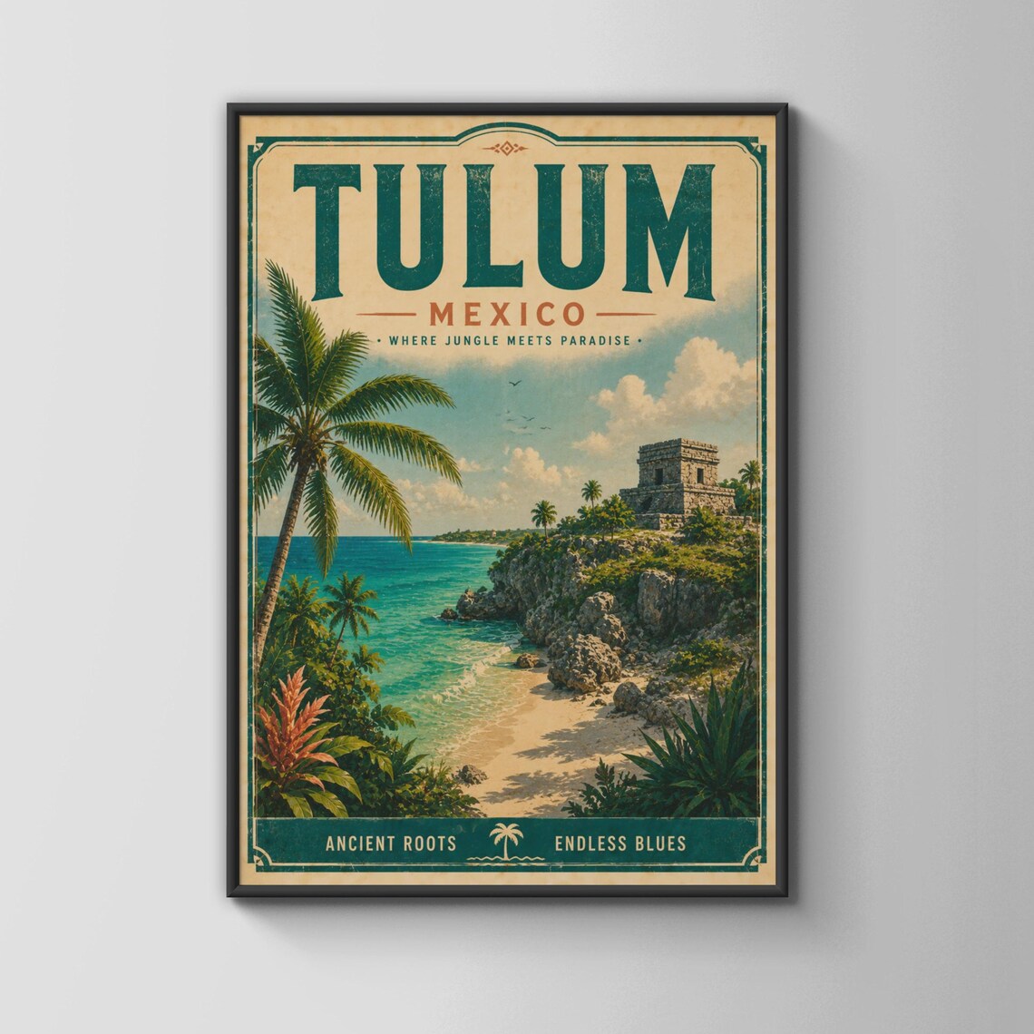 Tulum Mexico Vintage Travel Poster, Mayan Ruins