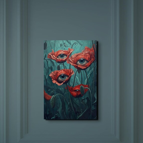 Watchful Eye Poppy Blooms Teal Surreal Botanical Horror Art Poster
