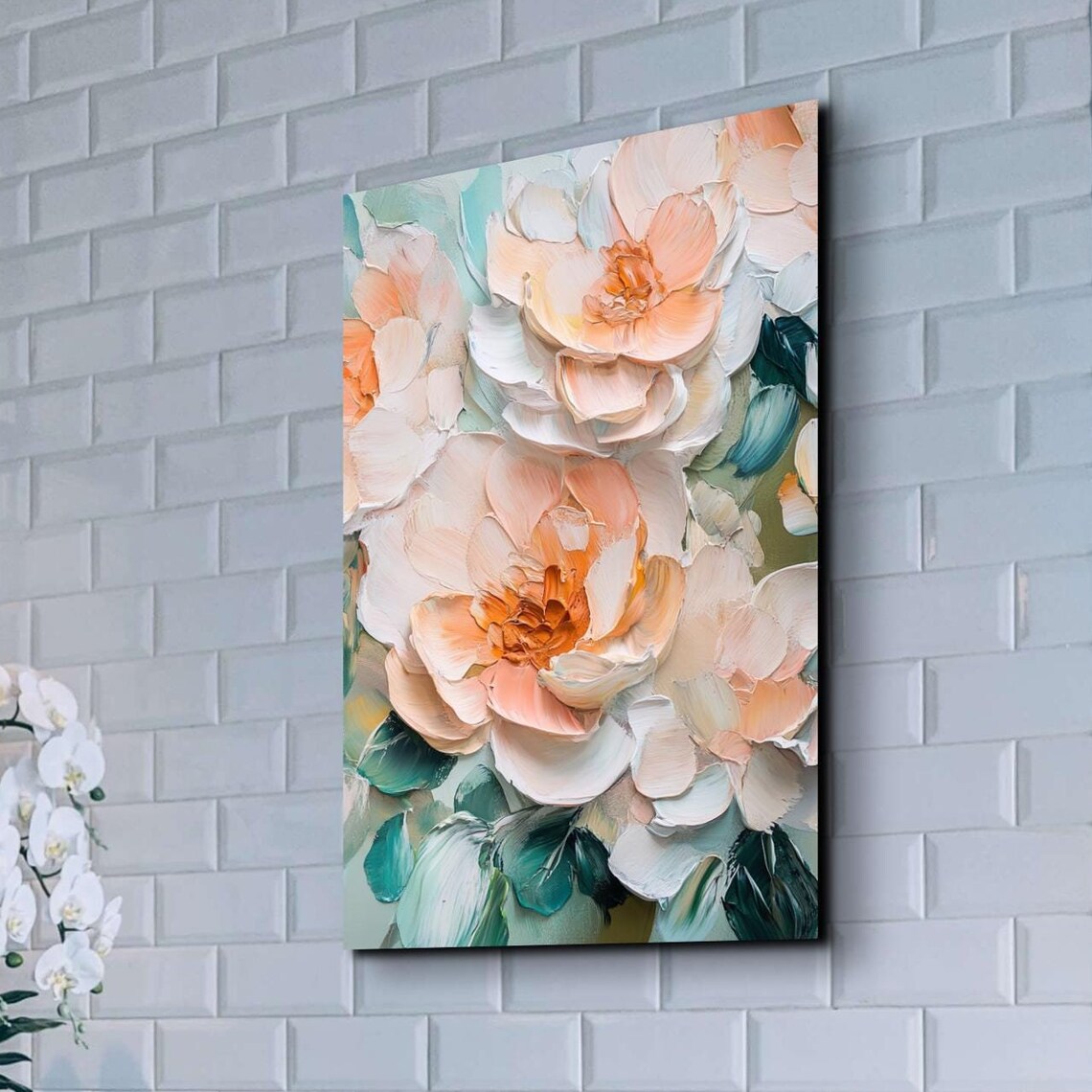 Soft Peach And Cream Floral Impasto Blooms Vertical Art Poster