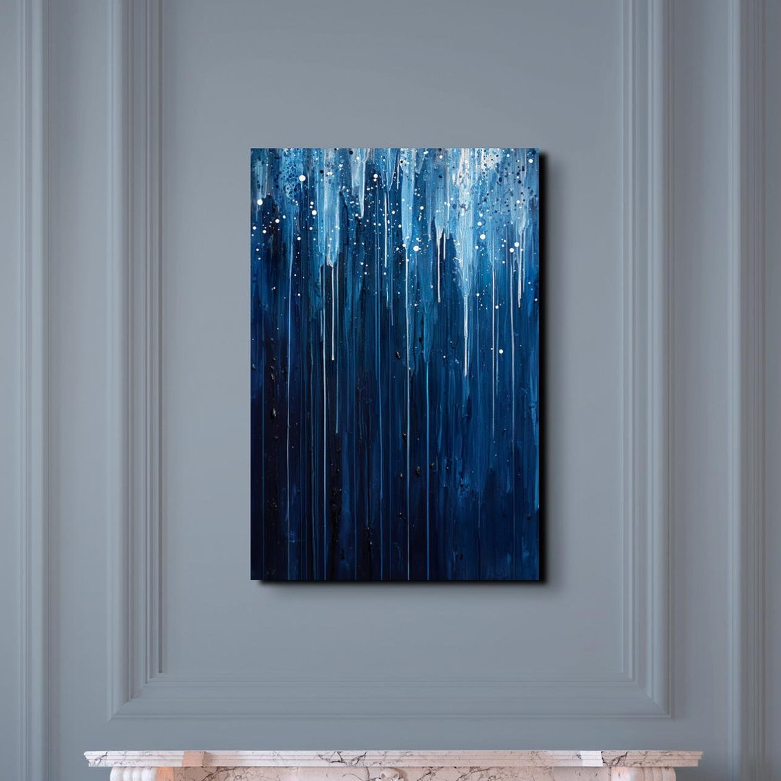 Deep Blue Rainy Night Abstract Drip Painting Serene Art Poster