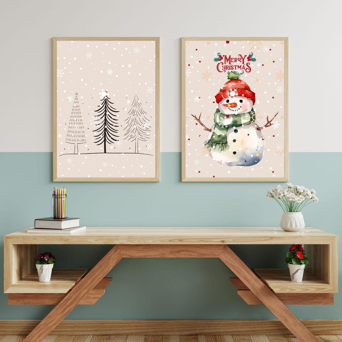 Merry Christmas Snowman Snowy Tree Two Piece Holiday Wall Art Set - Image 2