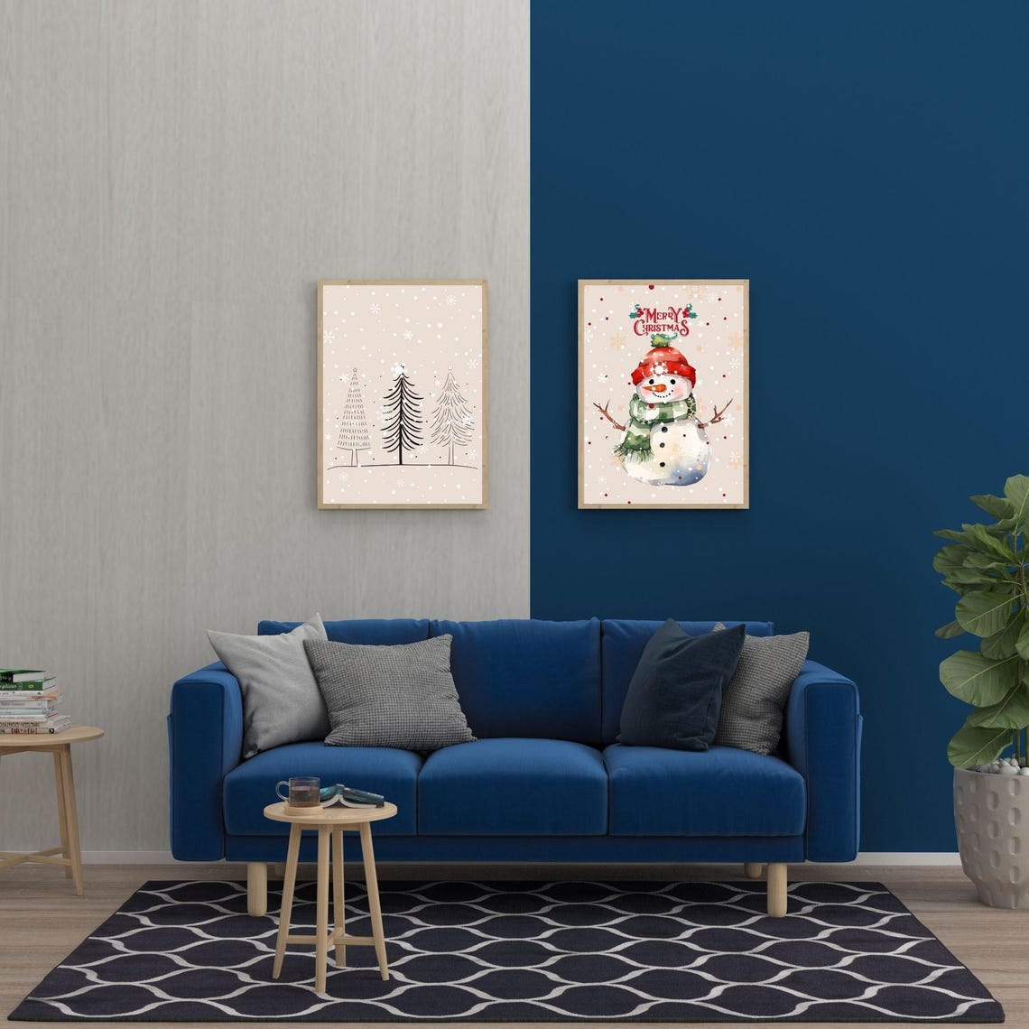 Merry Christmas Snowman Snowy Tree Two Piece Holiday Wall Art Set - Image 4