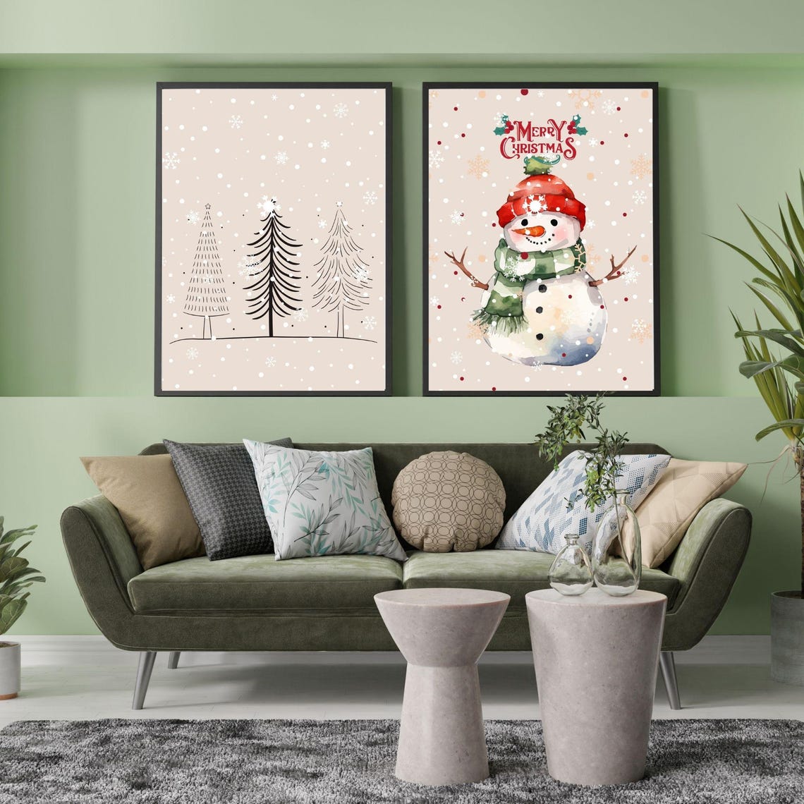 Merry Christmas Snowman Snowy Tree Two Piece Holiday Wall Art Set