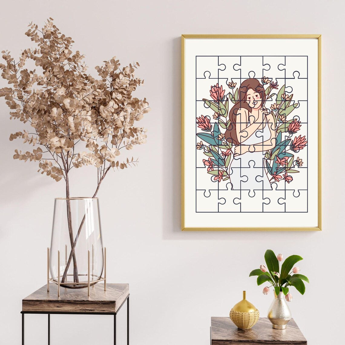 Floral Puzzle Woman Tropical Blooms Botanical Line Art Wall Poster