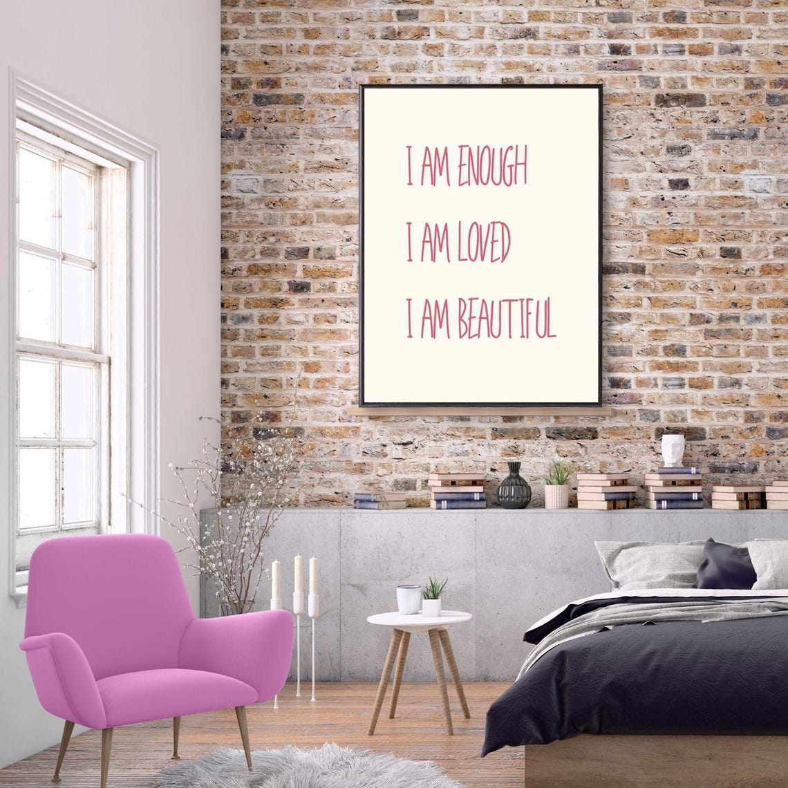 I Am Enough I Am Loved I Am Beautiful Pink Affirmation Quote Poster - Image 2