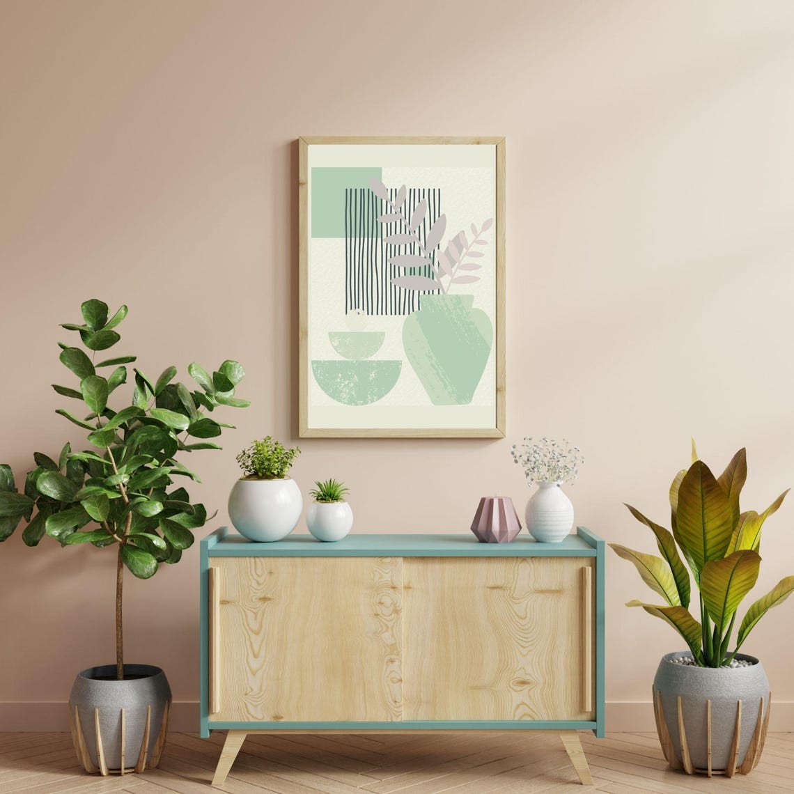 Boho Green Vase With Leaves Abstract Botanical Minimalist Wall Poster - Image 3