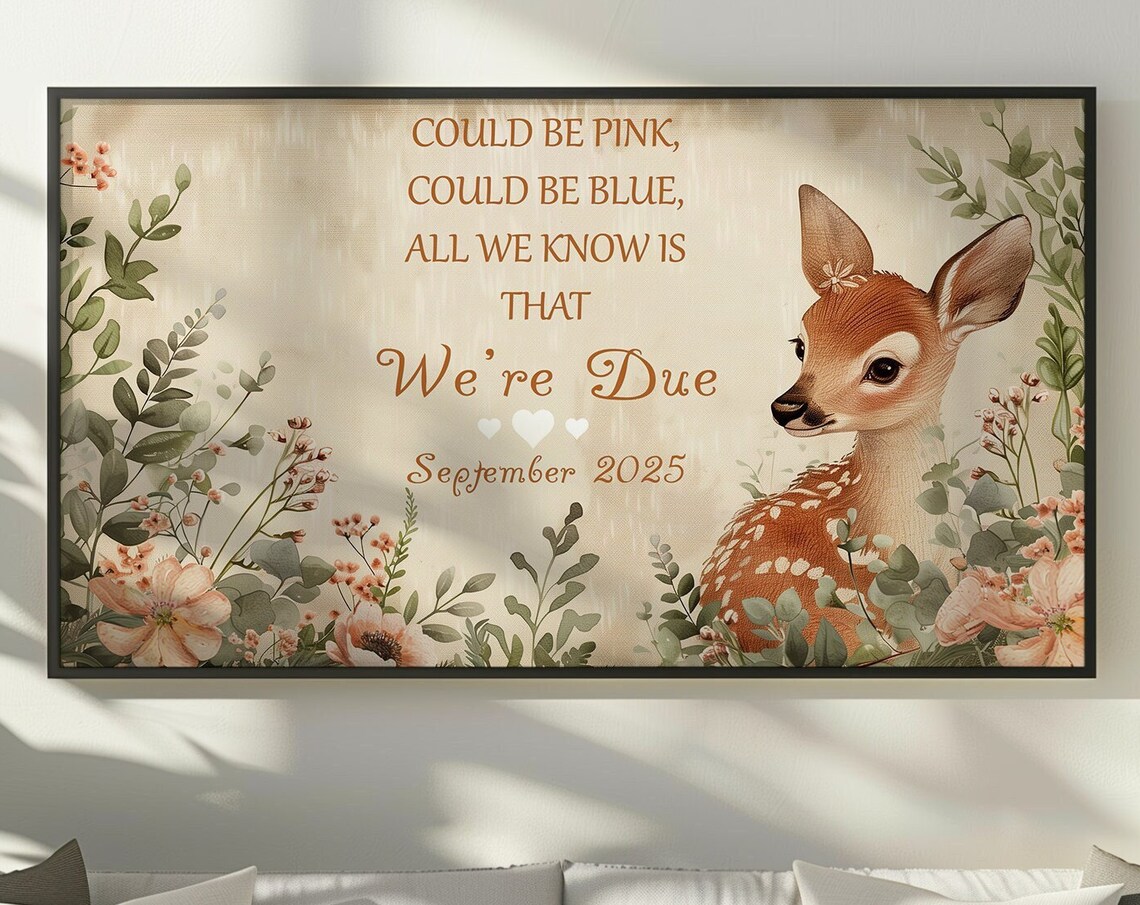 Were Due Woodland Fawn Pregnancy Announcement Floral Art Poster