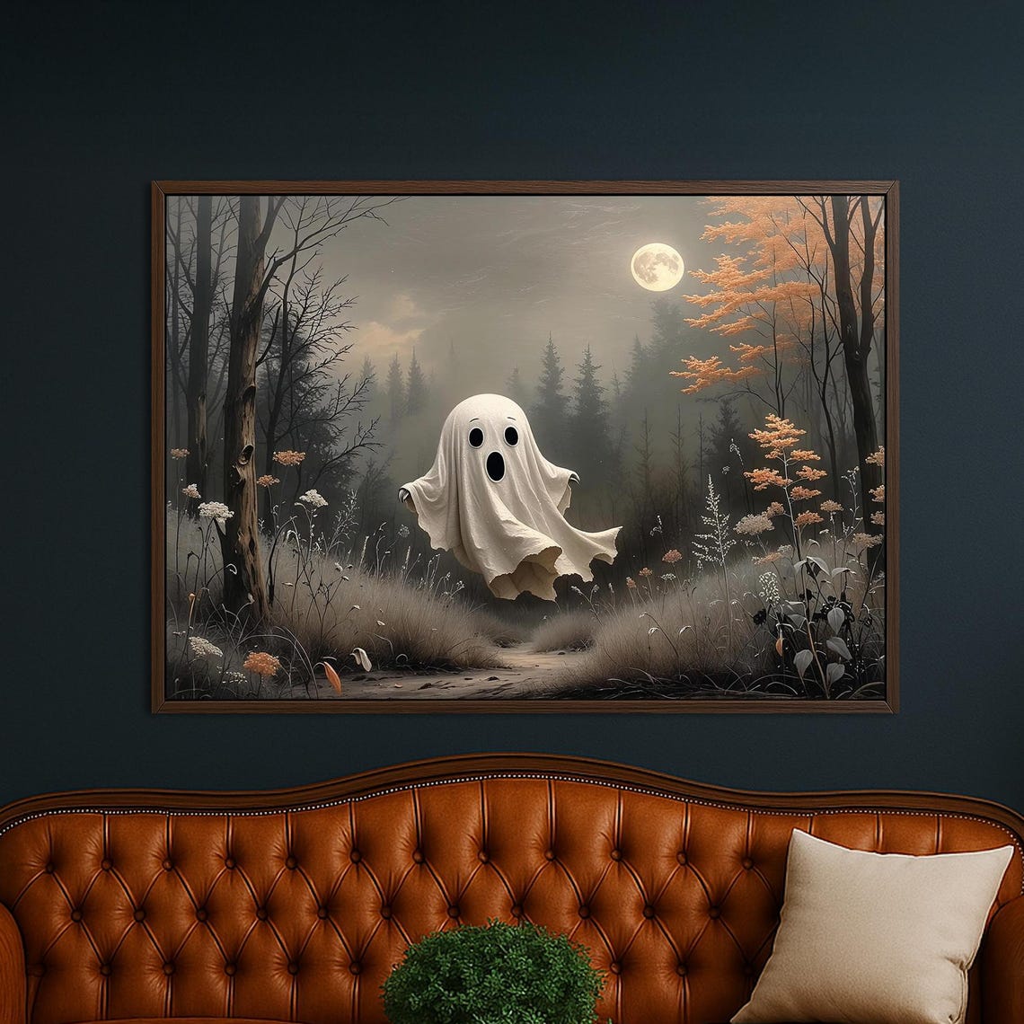 Lonely Ghost In Autumn Forest Under Full Moon Fall Halloween Wall Art