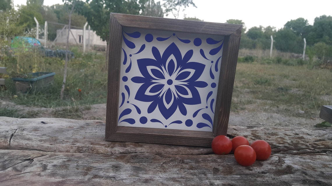 Navy Floral Mosaic Tile Wood Frame Rustic Farmhouse Style Poster - Image 3