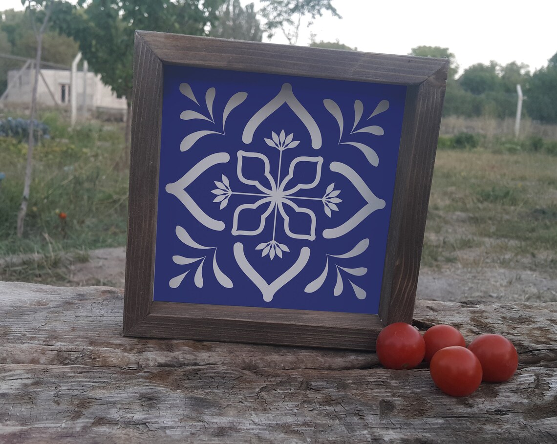 Blue Floral Tile Mosaic Rustic Wood Frame Farmhouse Art Poster - Image 3