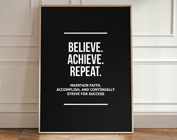 Believe Achieve Repeat Canvas Print Inspirational Poster Faith Success Quote Wall Art Motivation Modern Home Office Decor Entrepreneur Gift