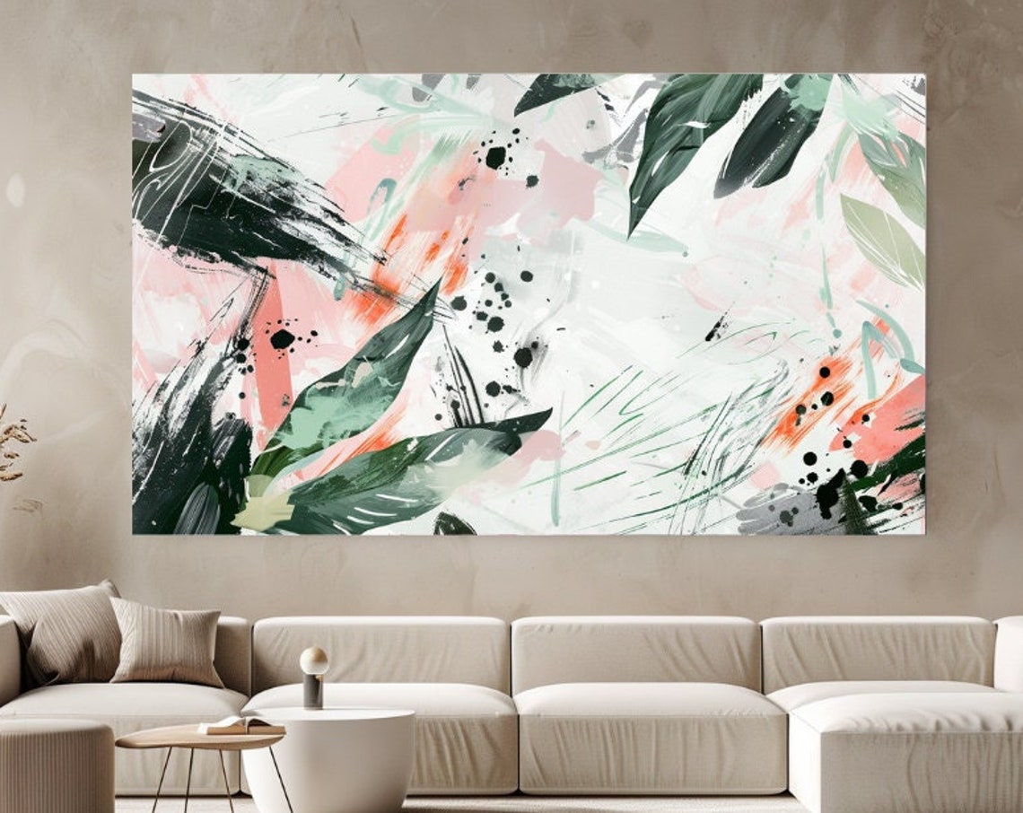 Pastel Botanical Abstract Green Leaves Pink Splashes Ink Dots Wall Art
