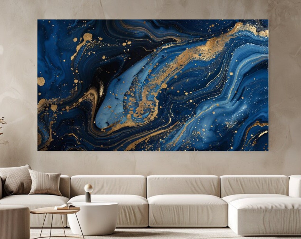 Dark Blue And Gold Marble Swirl Abstract Luxury Wall Art Poster