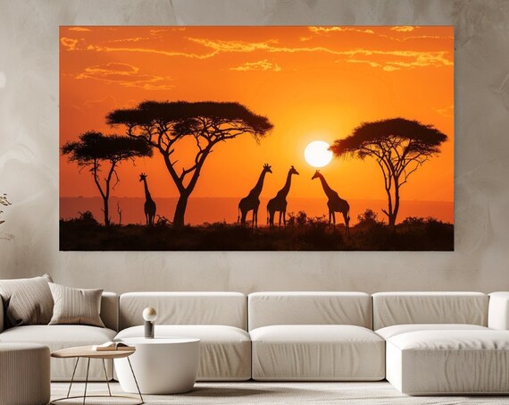 African Safari Giraffe Silhouette Orange Sunset Savanna Wall Art Poster