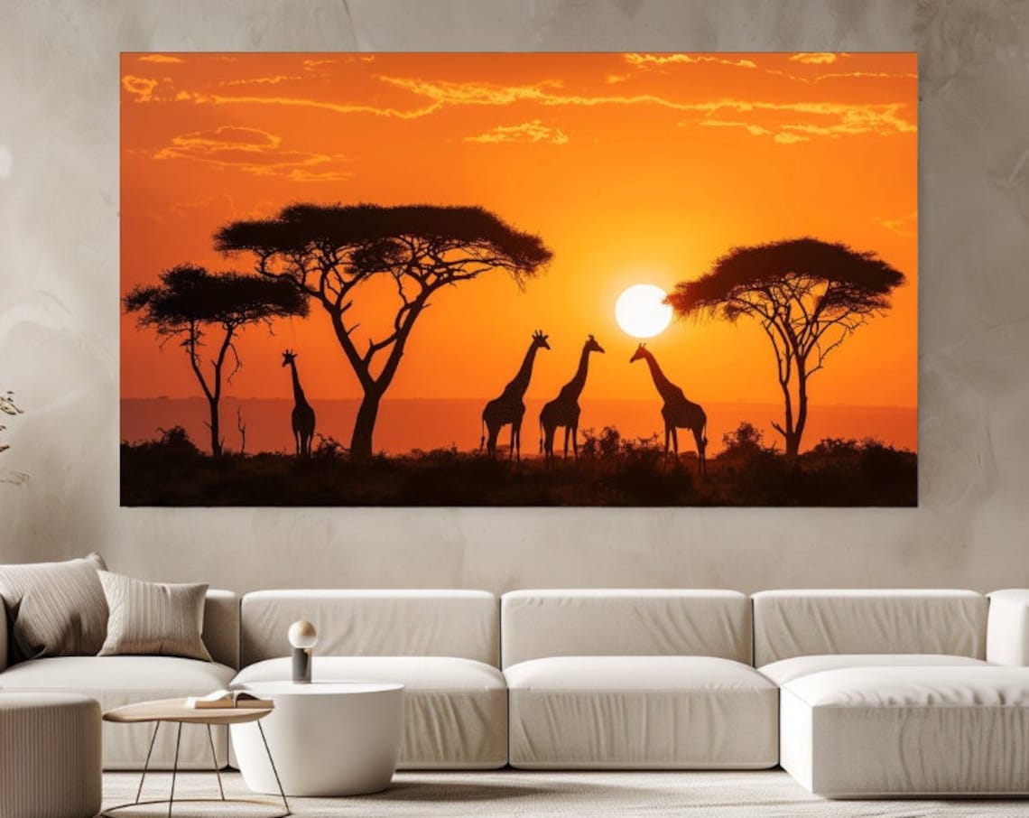 African Safari Giraffe Silhouette Orange Sunset Savanna Wall Art Poster
