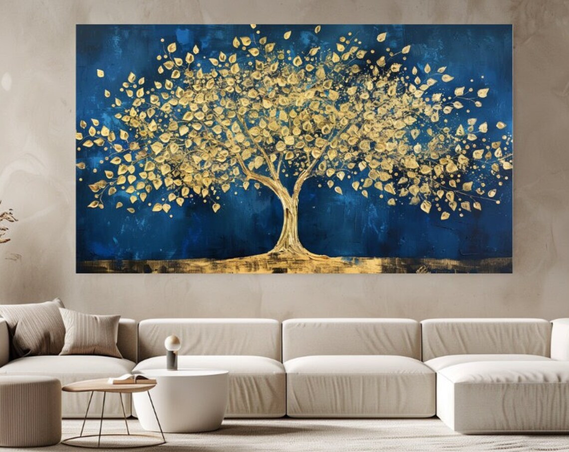 Blooming Gold Tree Blue Abstract Art Print, Home Decor
