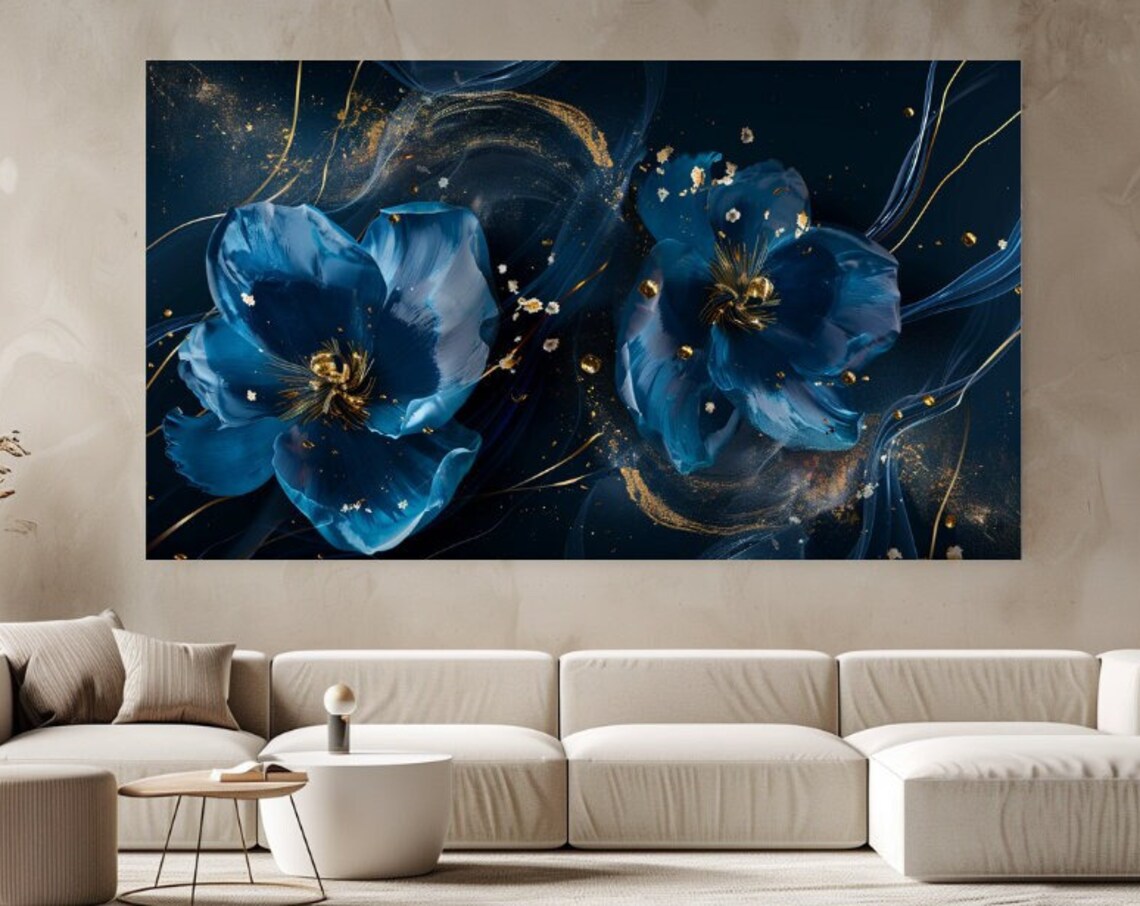 Dark Navy Blue Flowers Gold Line Art Luxury Floral Wall Art Poster