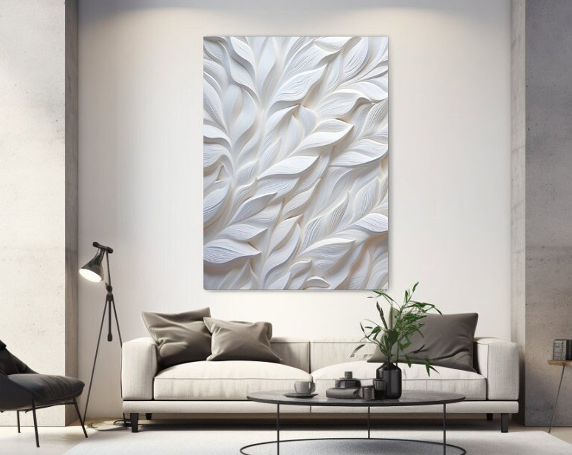 White Feather Leaves 3D Relief Soft Grey Modern Decor Poster
