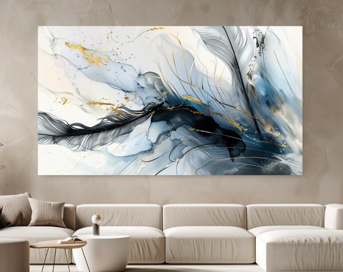 Navy Blue Abstract Feather Ink Gold Veins Fluid Marble Art Poster