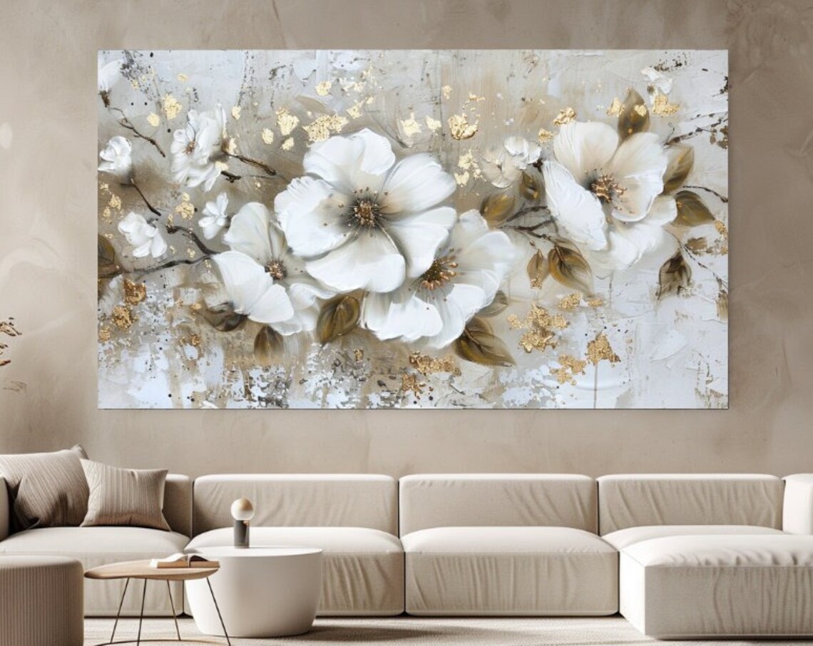 Abstract White Flowers Painting Art Print, Floral Decor