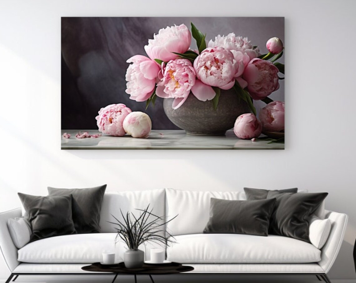 Peonies On Marble, Pink Floral Home Decor Art Print