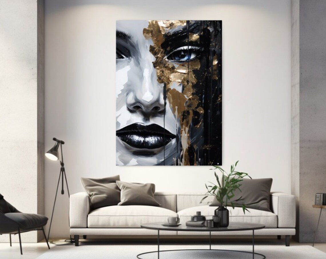 Woman Face Gold Leaf Black Lips Monochrome Modern Art Poster