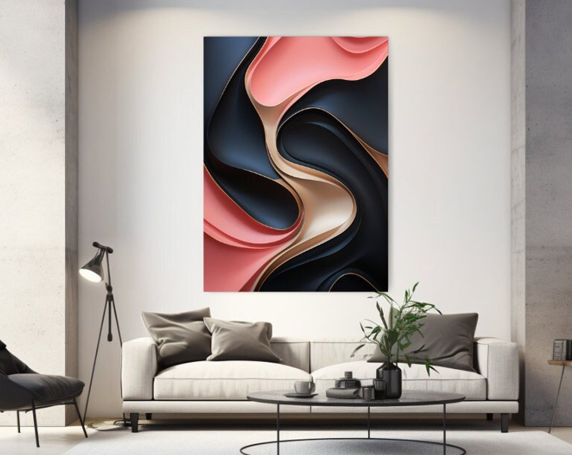 Coral Pink Black Gold 3D Waves Abstract Flow Modern Wall Poster