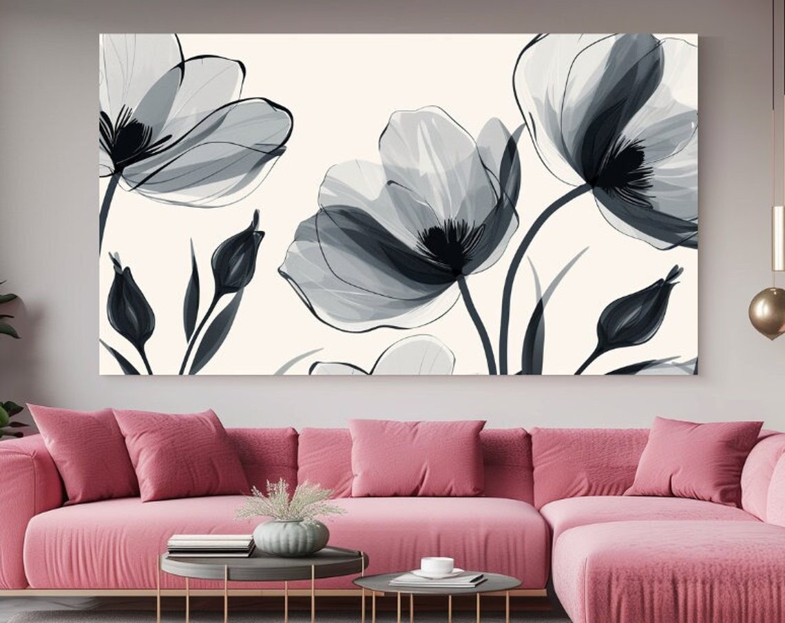 Gray Translucent Abstract Flowers Cream Background Modern Art Print