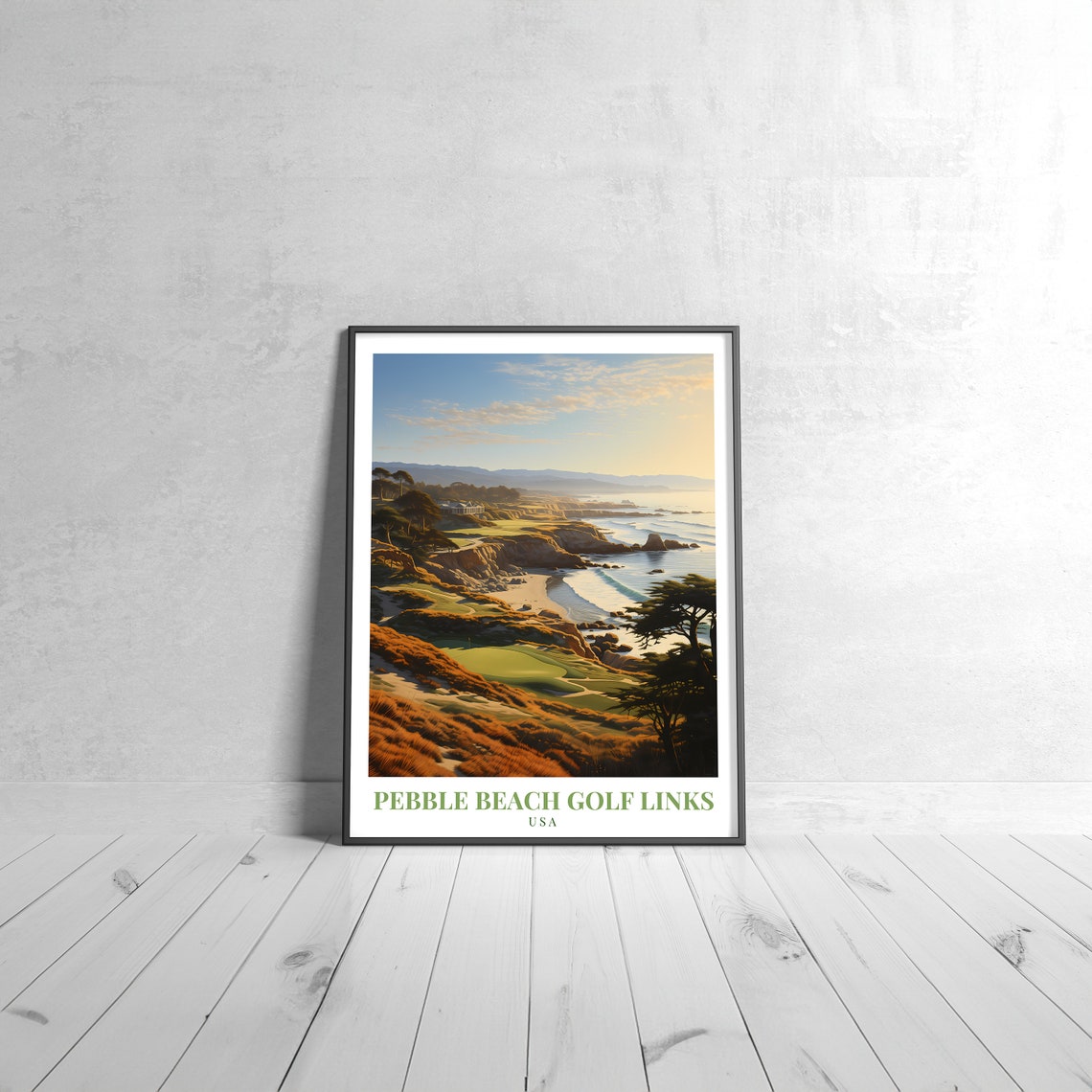 Pebble Beach Golf Links USA Vintage Travel Poster Coastal Sunset
