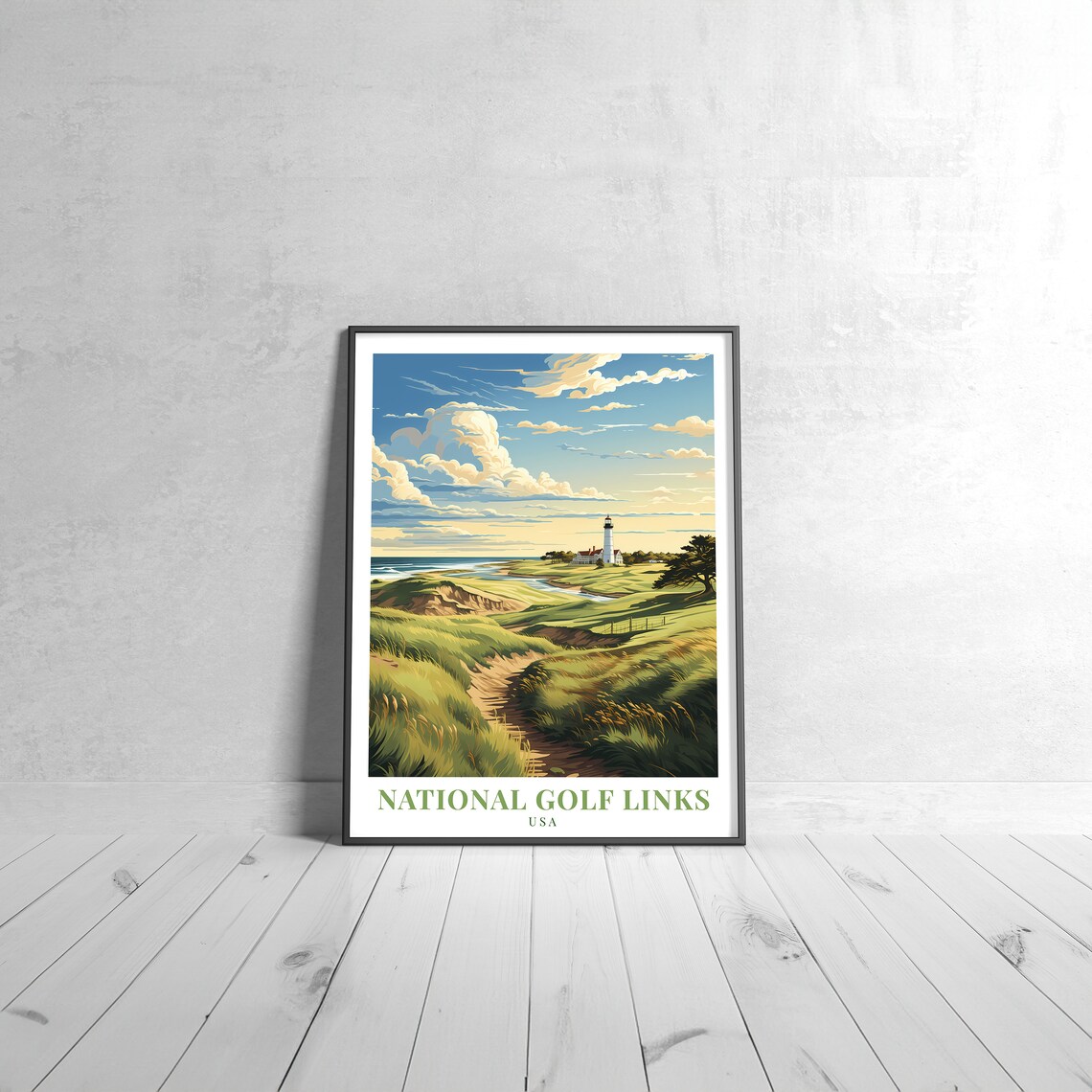 National Golf Links USA Lighthouse Course Vintage Golf Travel Poster