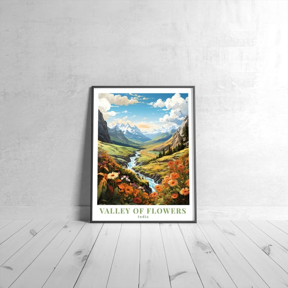 Valley Of Flowers Vintage Travel Poster Retro India Art Print Colorful Home Decor Wall Unique Gift