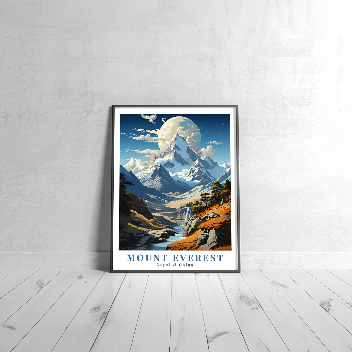 Mount Everest Majestic Snowy Himalayan Peak Nepal China Retro Art Poster
