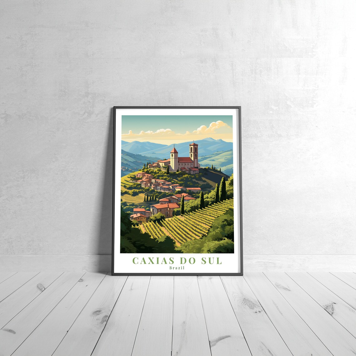Caxias Do Sul Brazil Vintage Travel Poster Vineyard Hill Church Scene